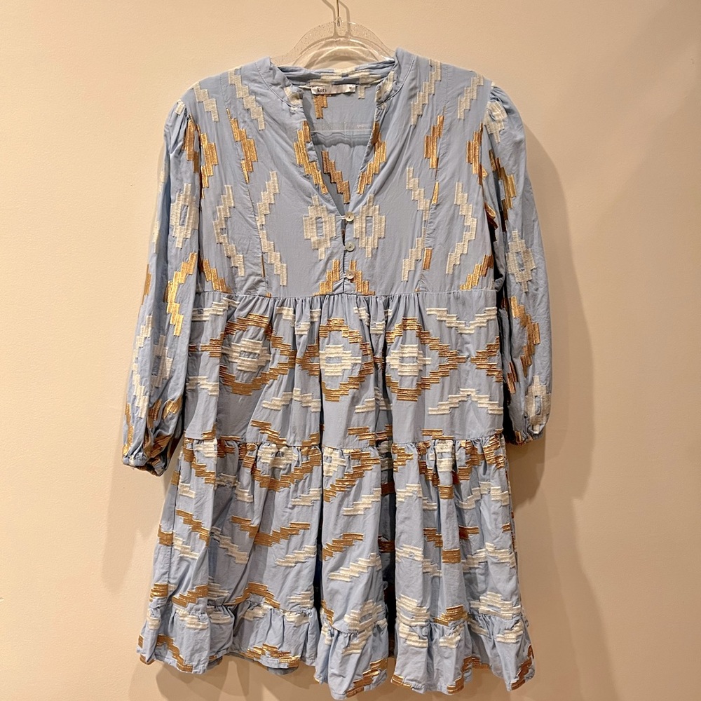 Kori Greek Embroidered Archaic Dress - Blue, Gold, White. Size - M
